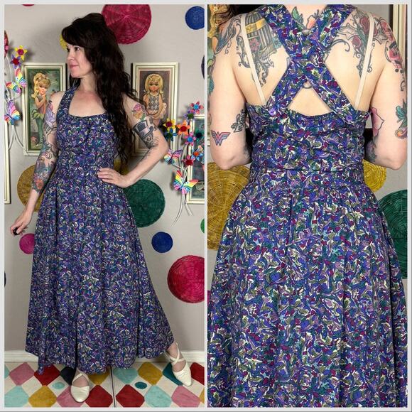 Vintage 1980s Purple Floral Crisscross Back Midi Sundress - Picture 1 of 7
